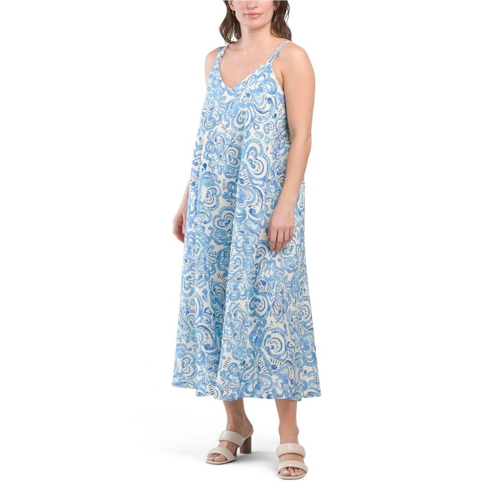 Le Ragazze Maxi Dress Blue White Paisley Print Sleeveless V Neck Made in‎ Italy